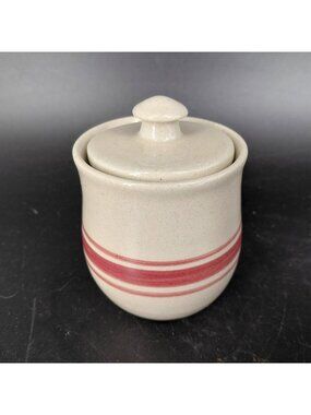 Yesteryears Stoneware Sugar Bowl Lid Beige Red Stripe Hand Turned Country USA